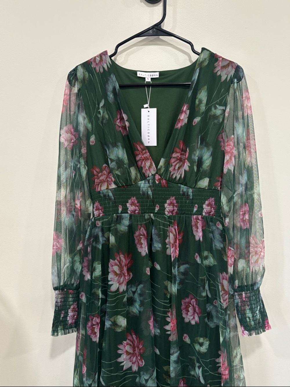 Baltic Born Dark Green and Pink Floral Long Sleeve Maxi Dress Size L